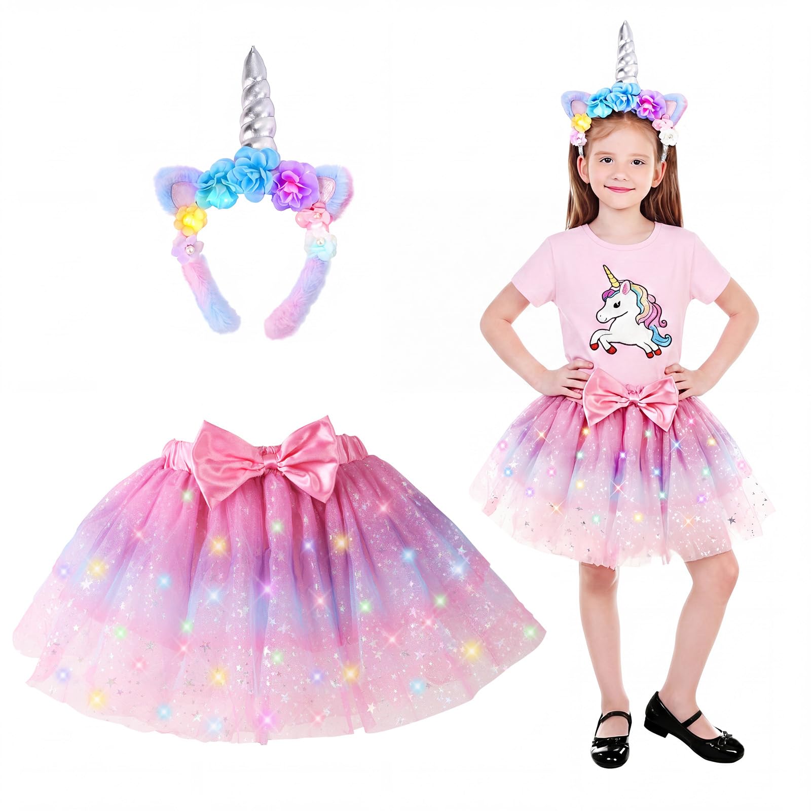PinkSheep LED Light-Up Tutu Skirt & Headband Costume Set for Girls