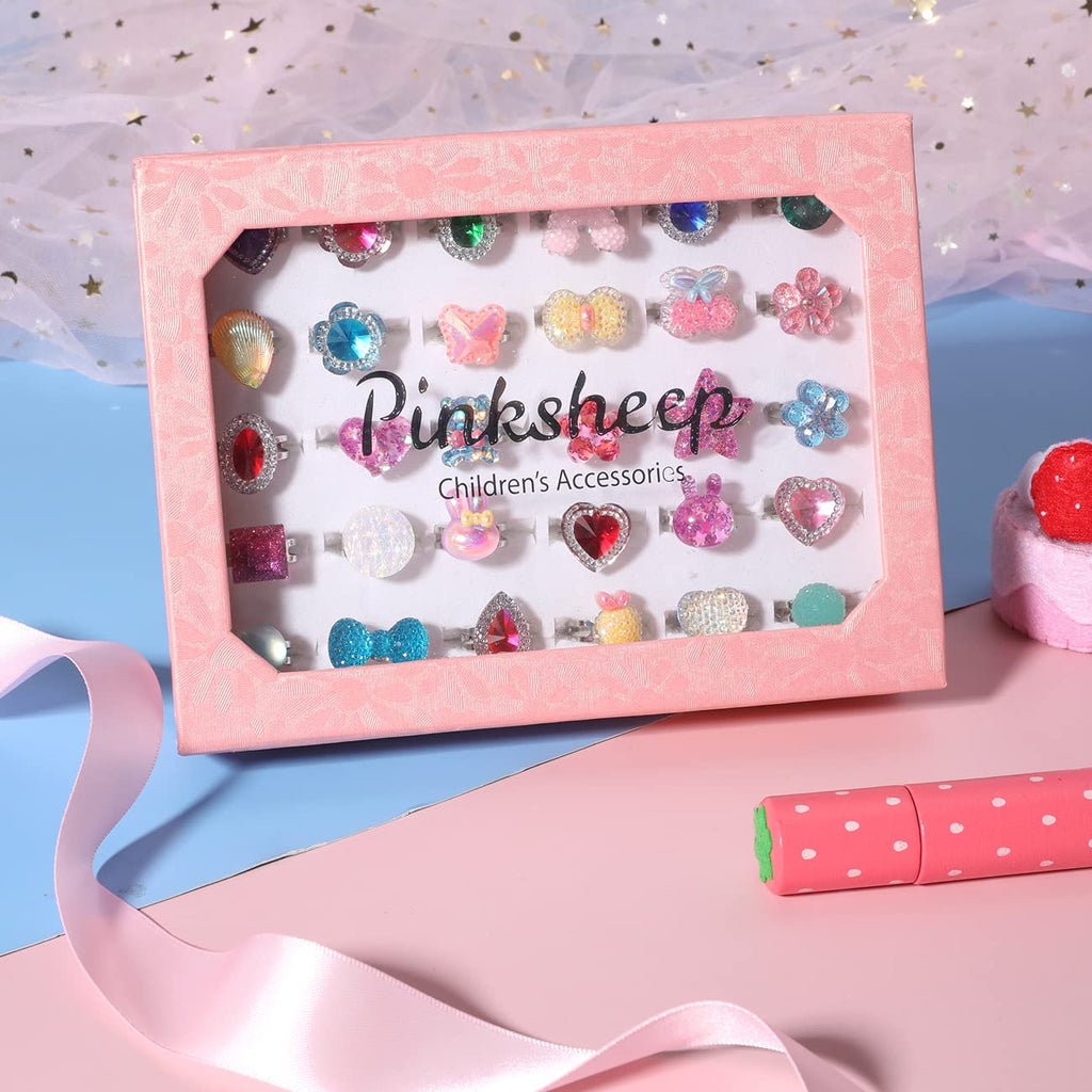 PinkSheep Little Girl Jewel Rings – Adjustable Toddler Rings for Ages 3-8, Dress-Up Jewelry with Gift Box