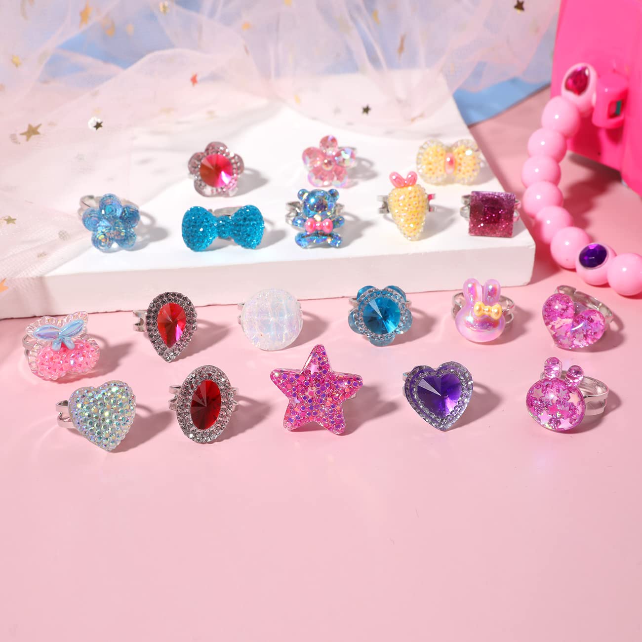 PinkSheep Little Girl Jewel Rings – Adjustable Toddler Rings for Ages 3-8, Dress-Up Jewelry with Gift Box