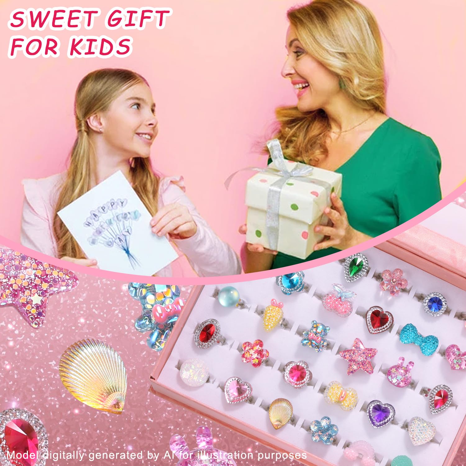 PinkSheep Little Girl Jewel Rings – Adjustable Toddler Rings for Ages 3-8, Dress-Up Jewelry with Gift Box