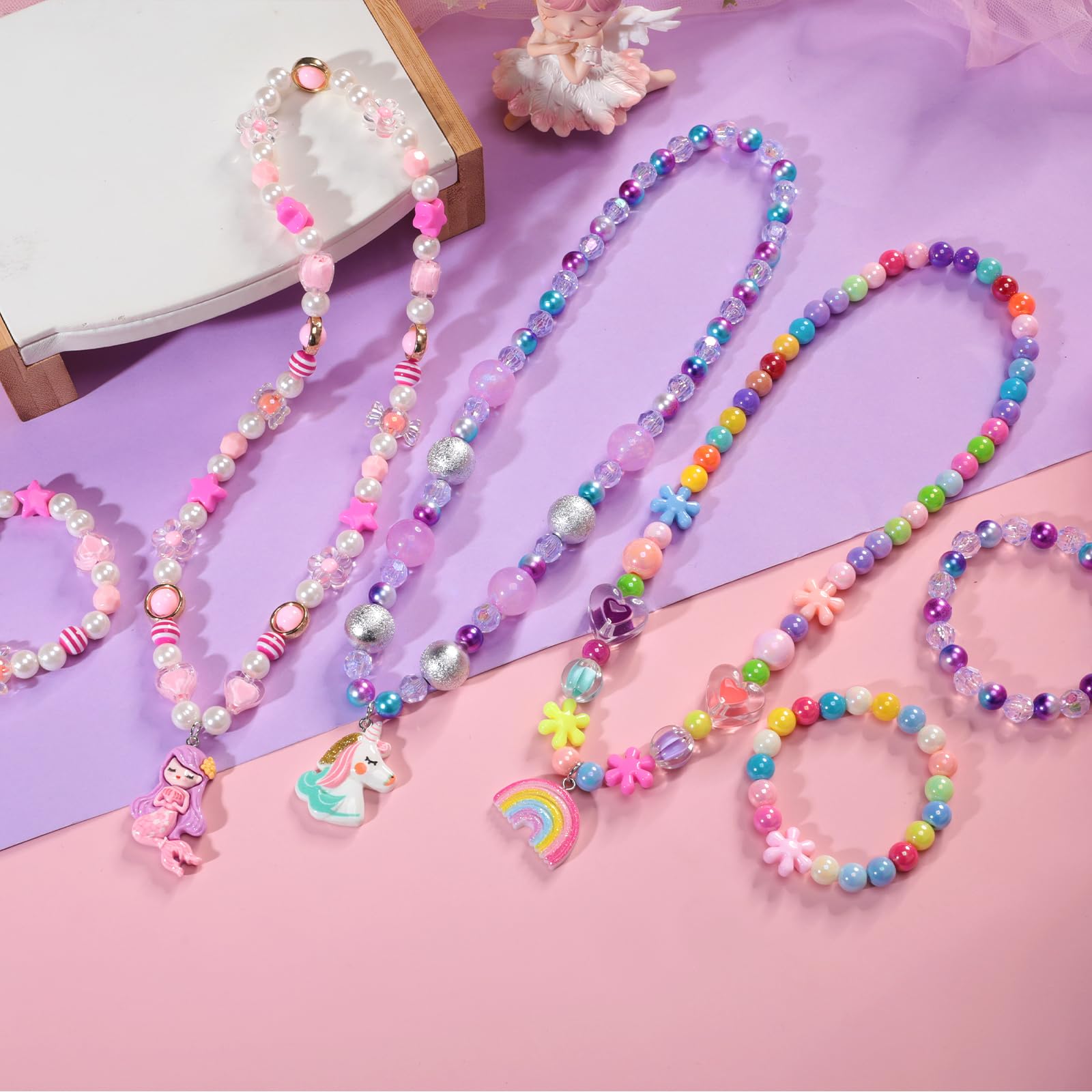 PinkSheep Toddler Jewelry Set - 3 Necklaces & 3 Bracelets for Little Girls (Ages 3-8) in Gift Box