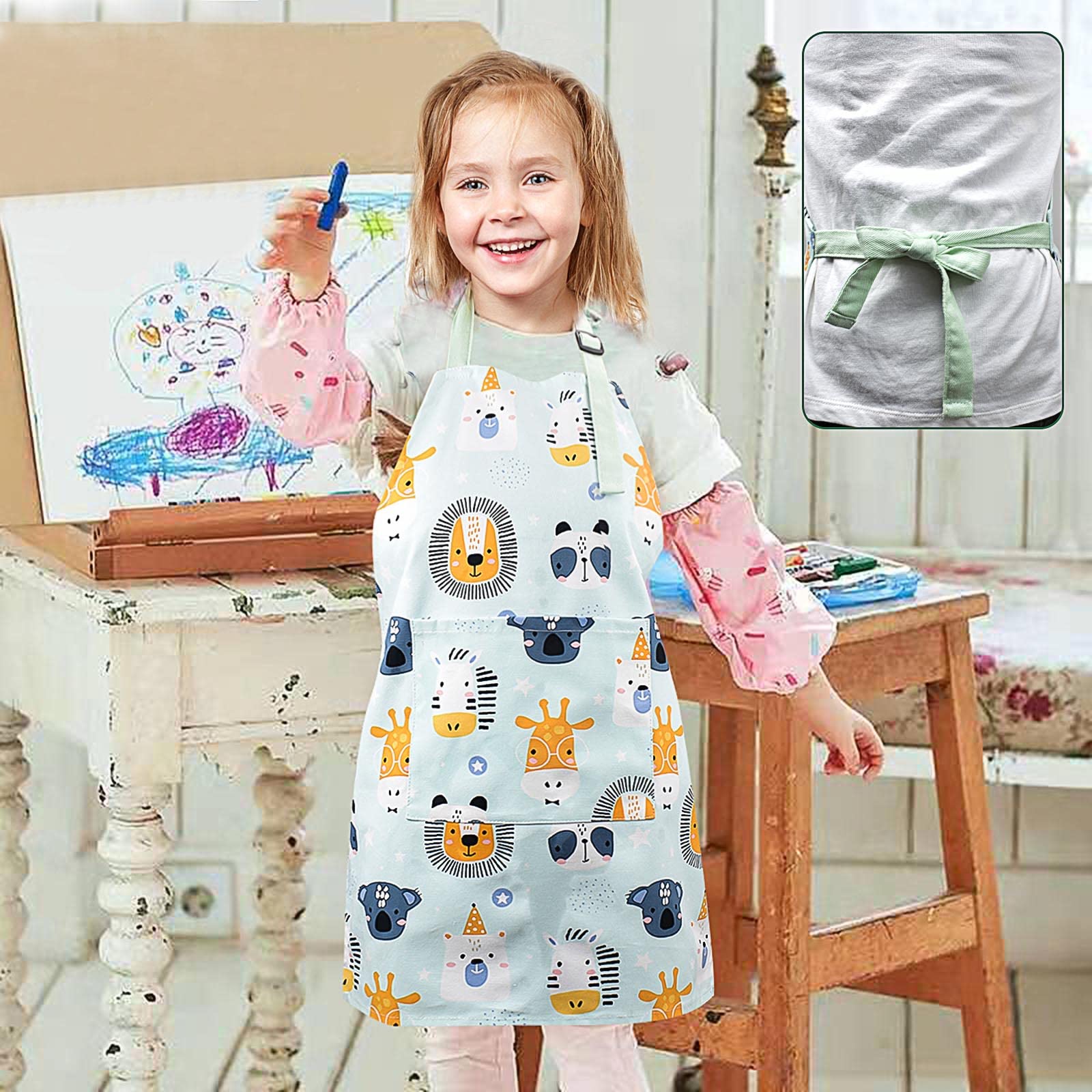 Pipoobear Kids Cotton Apron – Adjustable Strap with Front Pocket for Toddlers, Boys, and Girls