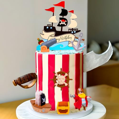 Pirate Birthday Cake Topper and Cupcake Picks Set – 8-Piece Treasure Hunt Cake Decorations by Roaring Good Time