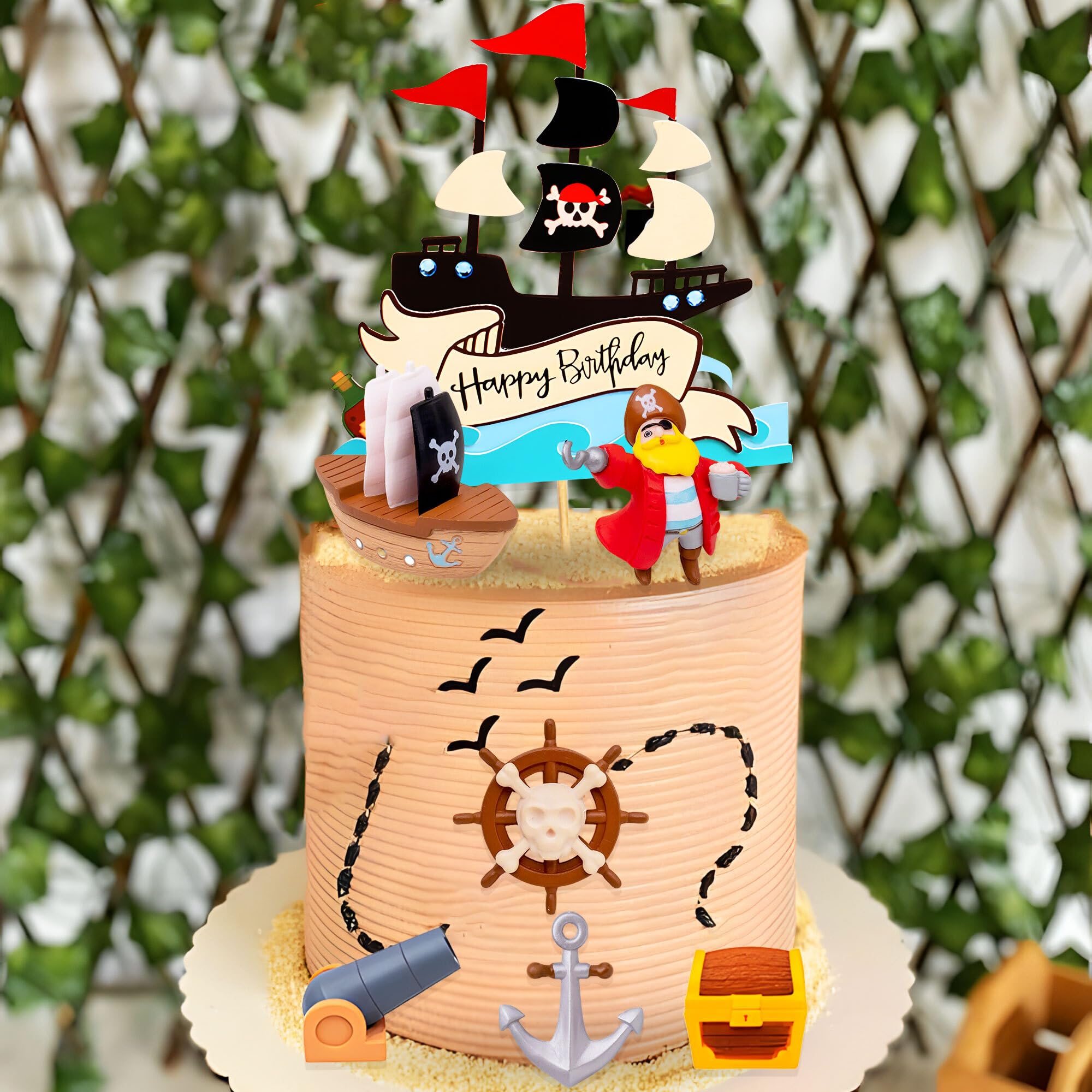 Pirate Birthday Cake Topper and Cupcake Picks Set – 8-Piece Treasure Hunt Cake Decorations by Roaring Good Time