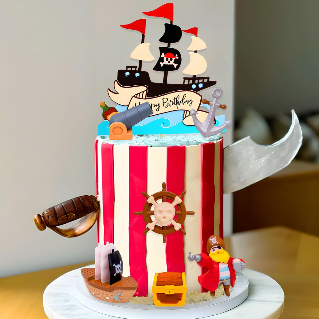 Pirate Birthday Cake Topper and Cupcake Picks Set – 8-Piece Treasure Hunt Cake Decorations by Roaring Good Time