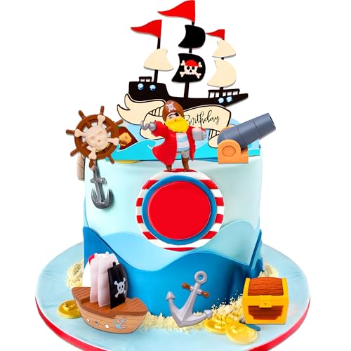 Pirate Birthday Cake Topper and Cupcake Picks Set – 8-Piece Treasure Hunt Cake Decorations by Roaring Good Time