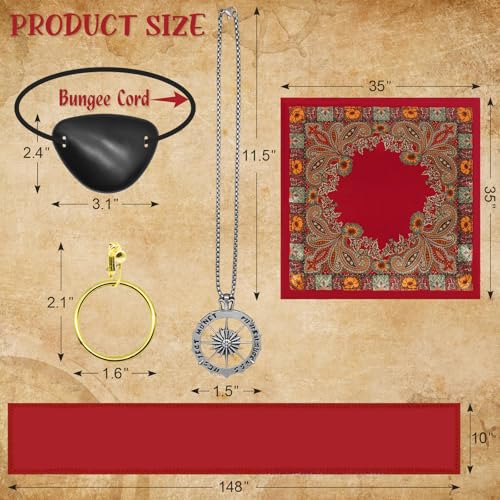 Pirate Costume Accessories Set – Bandana, Sash, Eye Patch, Coin Necklace & Earring for Halloween