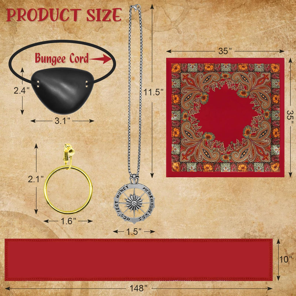 Pirate Costume Accessories Set – Bandana, Sash, Eye Patch, Coin Necklace & Earring for Halloween