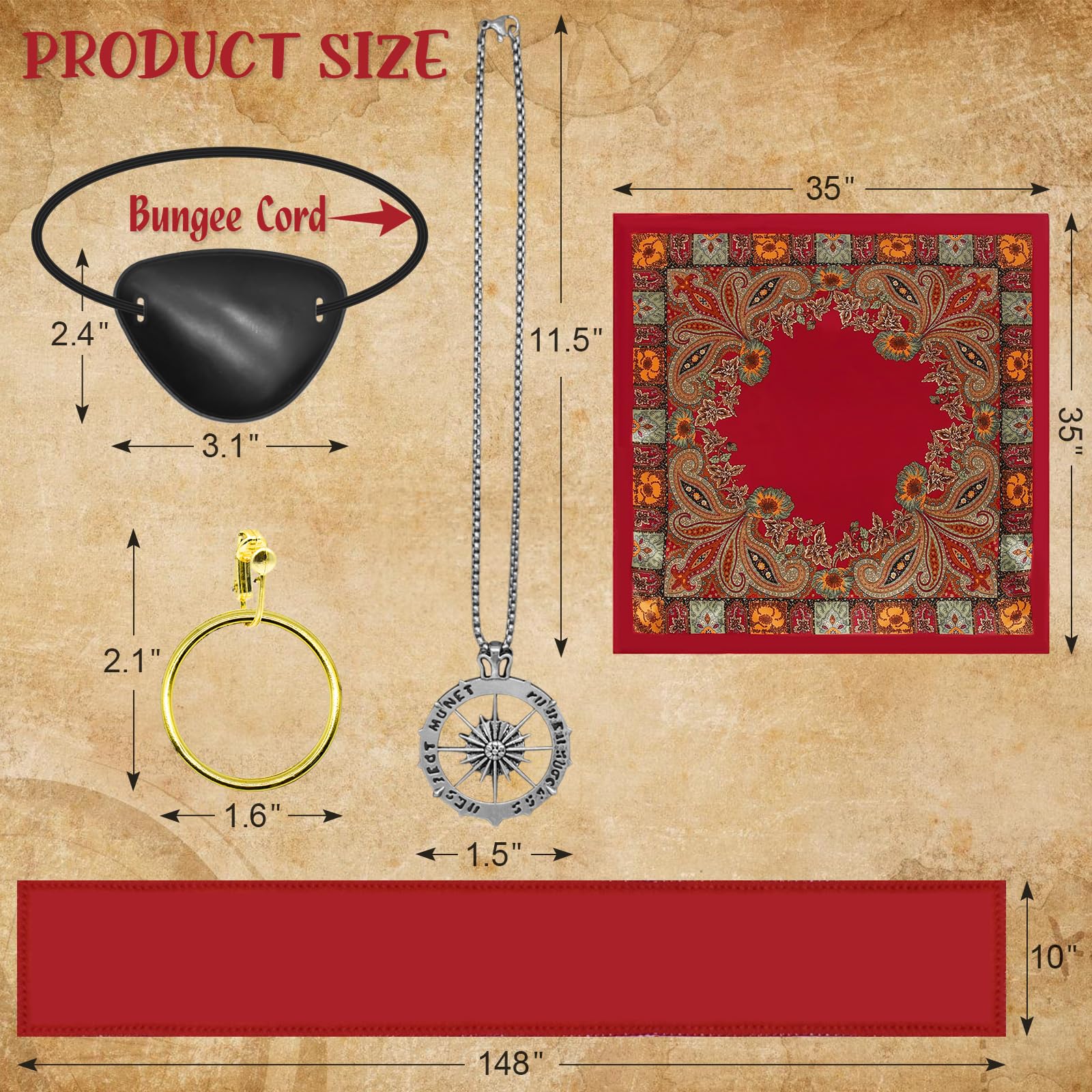 Pirate Costume Accessories Set – Bandana, Sash, Eye Patch, Coin Necklace & Earring for Halloween
