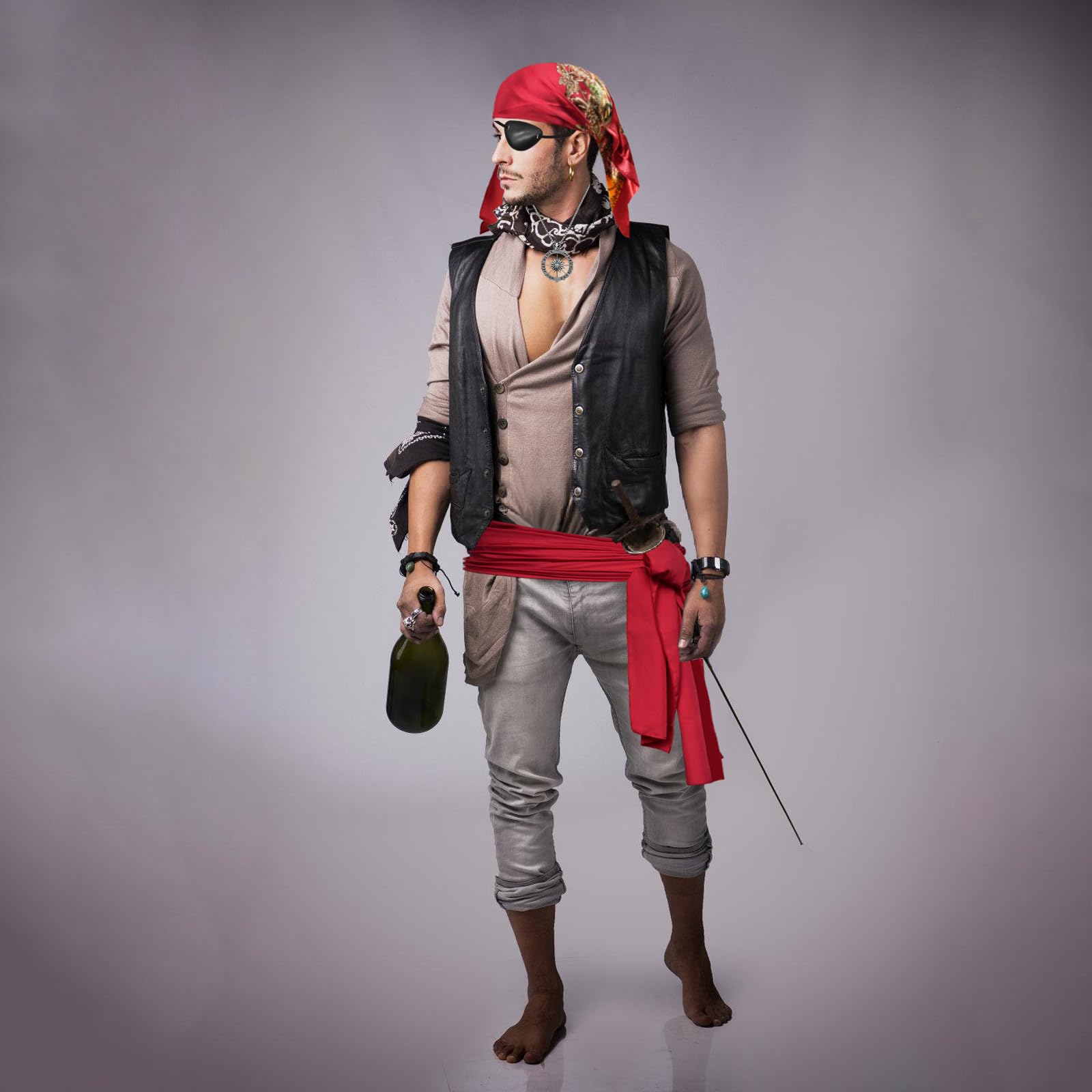 Pirate Costume Accessories Set – Bandana, Sash, Eye Patch, Coin Necklace & Earring for Halloween