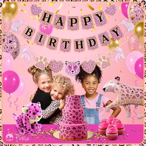 PIRESE Pink Cheetah Happy Birthday Banner Set – 13-Piece Animal Print Party Decorations