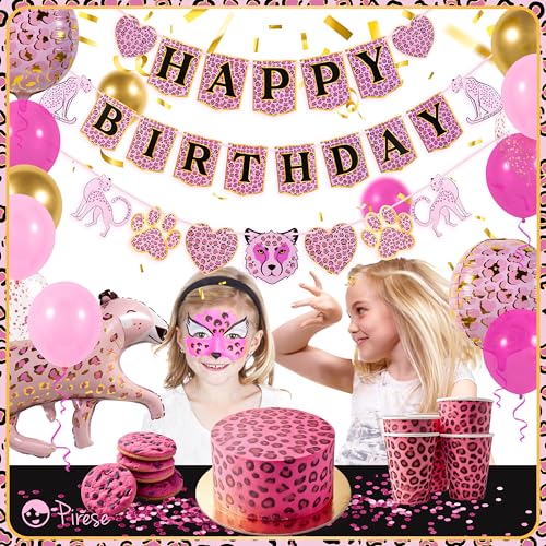 PIRESE Pink Cheetah Happy Birthday Banner Set – 13-Piece Animal Print Party Decorations