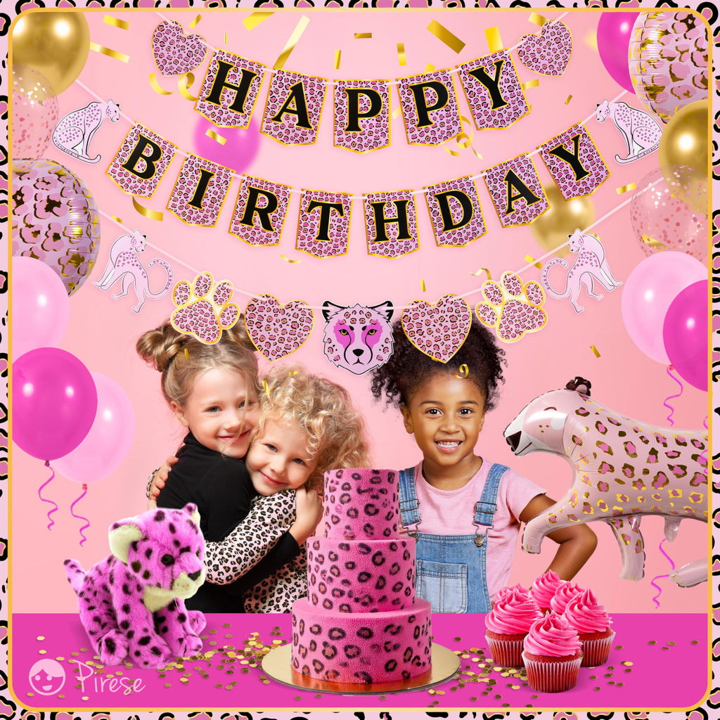 PIRESE Pink Cheetah Happy Birthday Banner Set – 13-Piece Animal Print Party Decorations