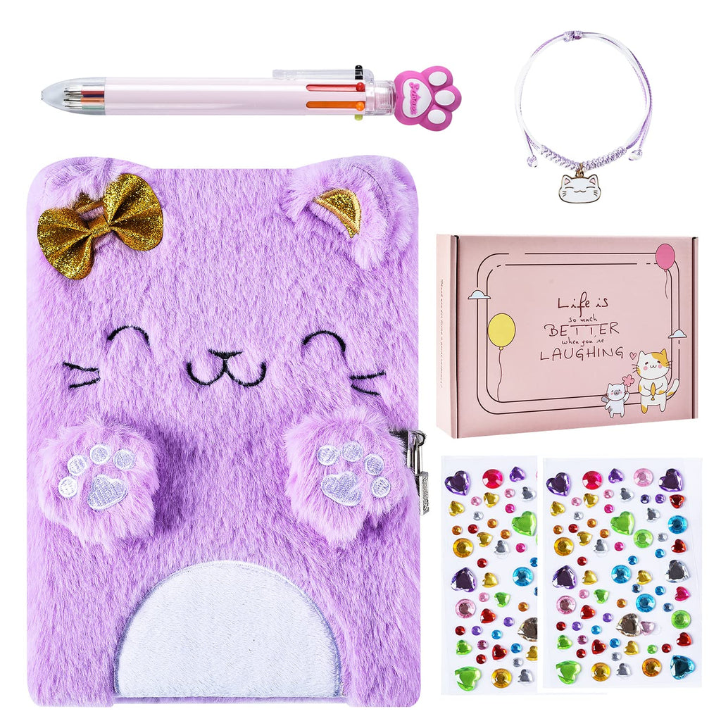 PJDRLLC Girls Diary with Lock and Keys – Soft Plush Cat Journal Set with Pen, Stickers & Bracelet