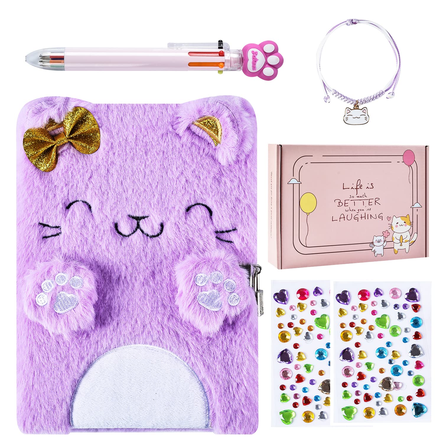 PJDRLLC Girls Diary with Lock and Keys – Soft Plush Cat Journal Set with Pen, Stickers & Bracelet