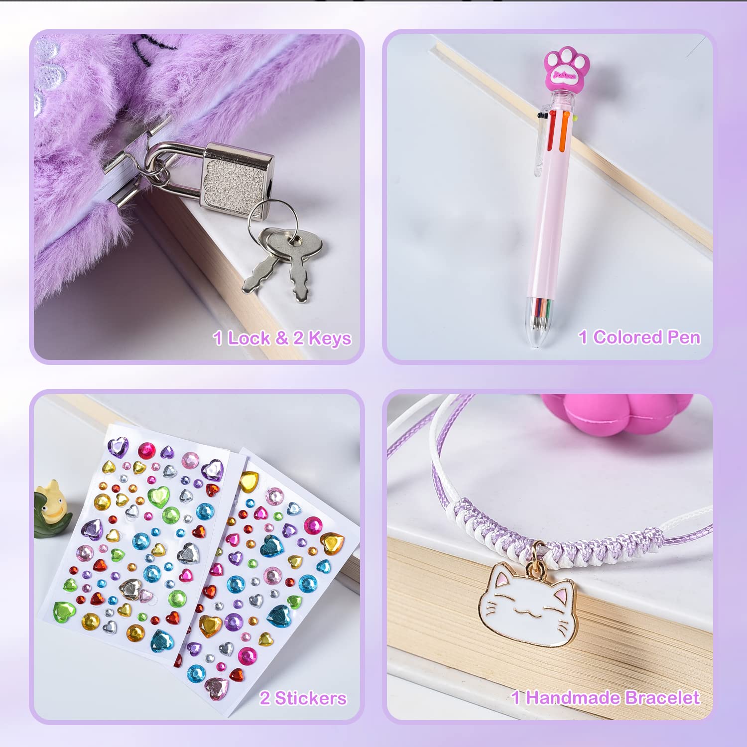 PJDRLLC Girls Diary with Lock and Keys – Soft Plush Cat Journal Set with Pen, Stickers & Bracelet