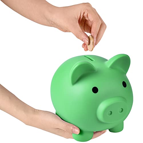 PJDRLLC Large Piggy Bank - Unbreakable Plastic Coin Bank for Kids, Green, 7 Inches Tall