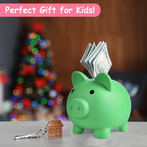 PJDRLLC Large Piggy Bank - Unbreakable Plastic Coin Bank for Kids, Green, 7 Inches Tall