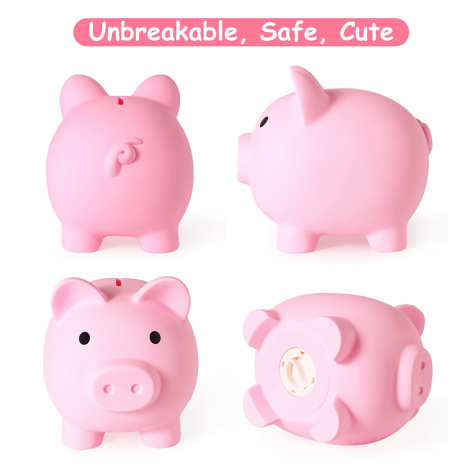 PJDRLLC Large Piggy Bank - Unbreakable Plastic Coin Bank for Kids (Pink)