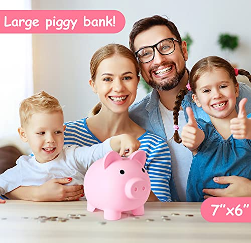 PJDRLLC Large Piggy Bank - Unbreakable Plastic Coin Bank for Kids (Pink)