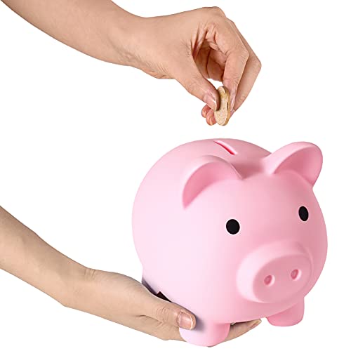 PJDRLLC Large Piggy Bank - Unbreakable Plastic Coin Bank for Kids (Pink)