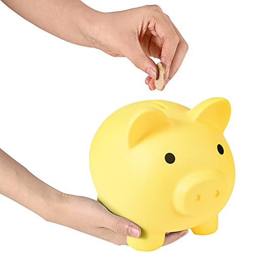 PJDRLLC Large Piggy Bank, Unbreakable Plastic Coin Bank for Kids, 7 x 5.9 x 6.3 Inches, Yellow