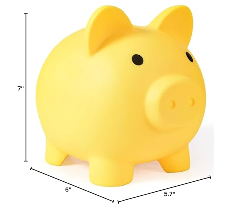 PJDRLLC Large Piggy Bank, Unbreakable Plastic Coin Bank for Kids, 7 x 5.9 x 6.3 Inches, Yellow