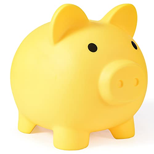 PJDRLLC Large Piggy Bank, Unbreakable Plastic Coin Bank for Kids, 7 x 5.9 x 6.3 Inches, Yellow