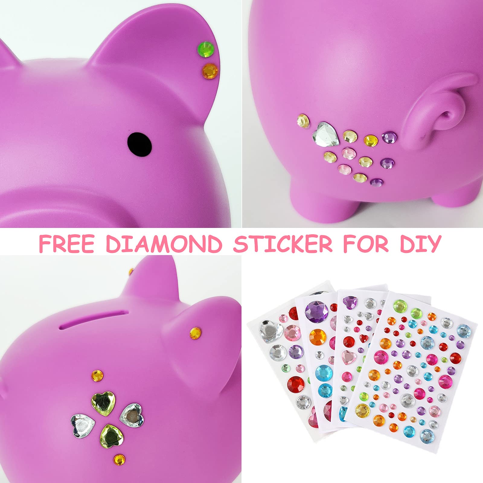 PJDRLLC Light Purple Piggy Bank – Unbreakable Plastic Coin Bank for Kids Ages 4-10, Medium Size with Easy-Access Bottom Knob