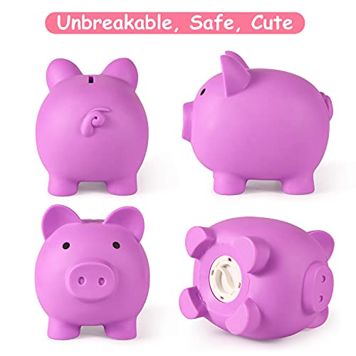 PJDRLLC Light Purple Piggy Bank – Unbreakable Plastic Coin Bank for Kids Ages 4-10, Medium Size with Easy-Access Bottom Knob
