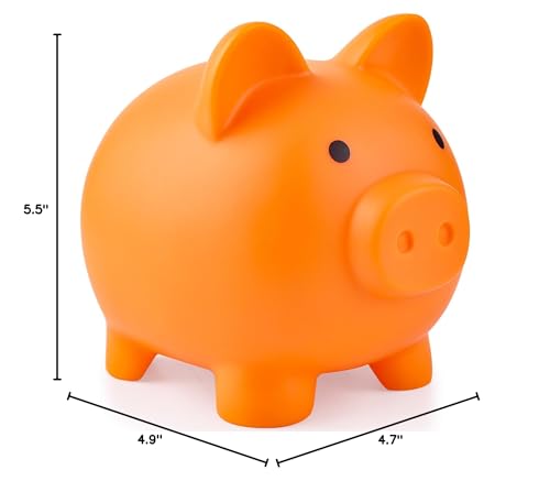 PJDRLLC Orange Piggy Bank: Sturdy Plastic Coin Bank for Kids, Medium Size 5.9x4.7x5.1 Inches, Safe Money Gift for Boys & Girls