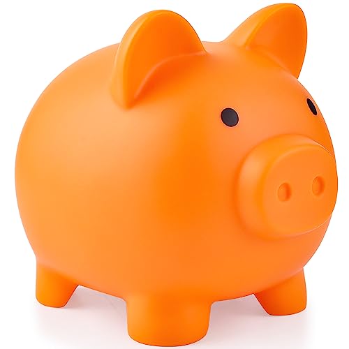 PJDRLLC Orange Piggy Bank: Sturdy Plastic Coin Bank for Kids, Medium Size 5.9x4.7x5.1 Inches, Safe Money Gift for Boys & Girls