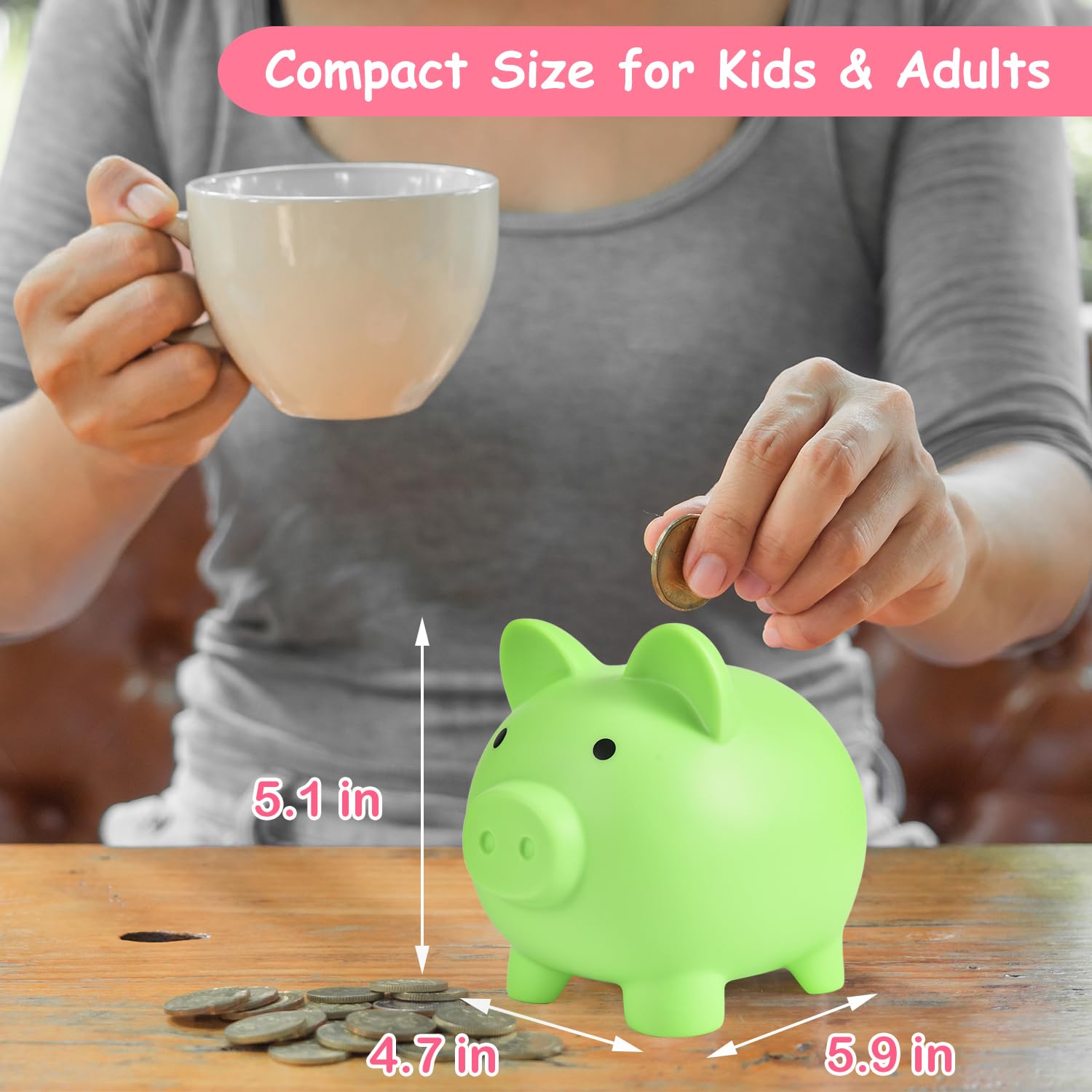 PJDRLLC Piggy Bank: Unbreakable Plastic Coin Bank for Kids Ages 4-10 (Light Green, Medium)