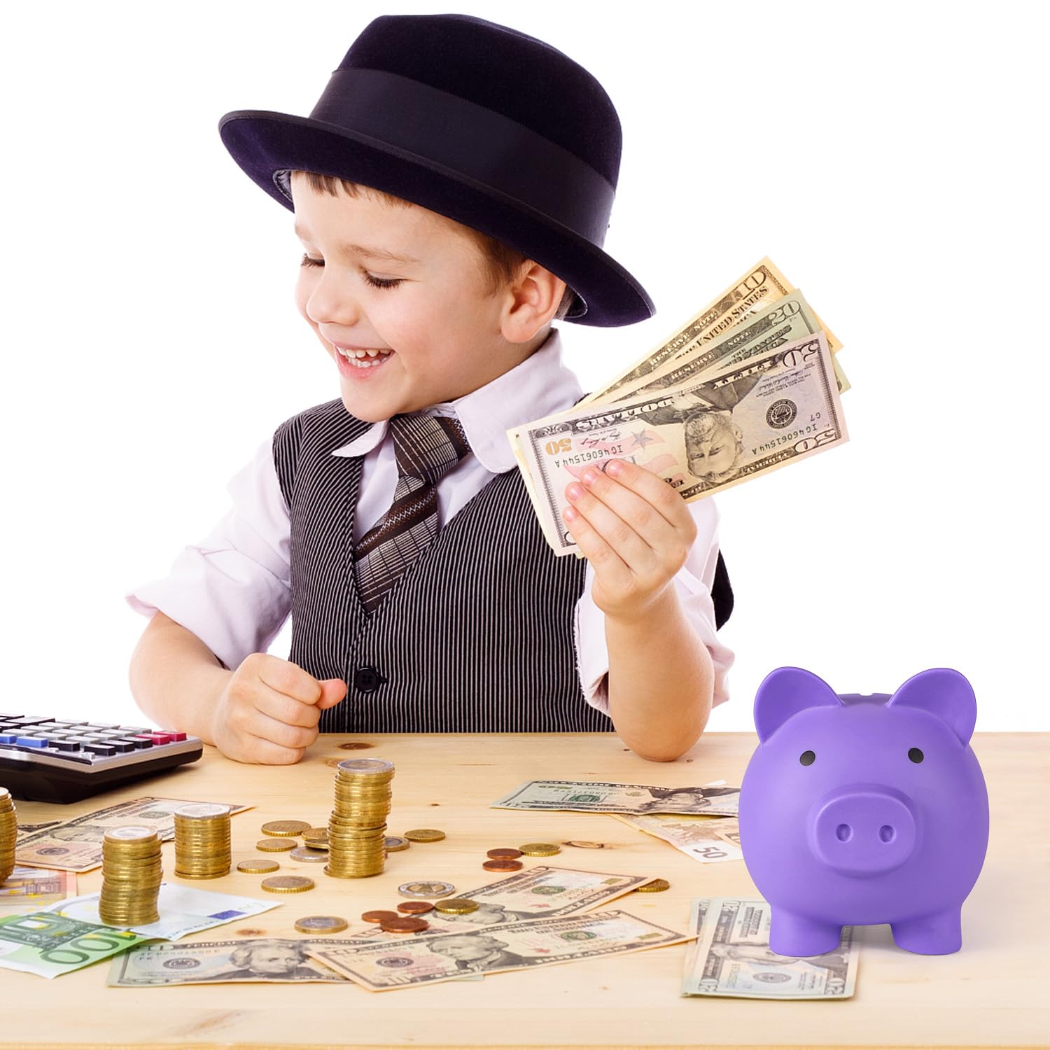 PJDRLLC Purple Plastic Piggy Bank for Kids – Unbreakable Coin Bank, Medium Size, Easy Access, Gift for Ages 4-10