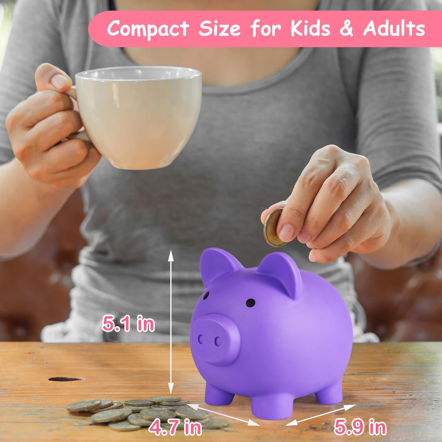 PJDRLLC Purple Plastic Piggy Bank for Kids – Unbreakable Coin Bank, Medium Size, Easy Access, Gift for Ages 4-10