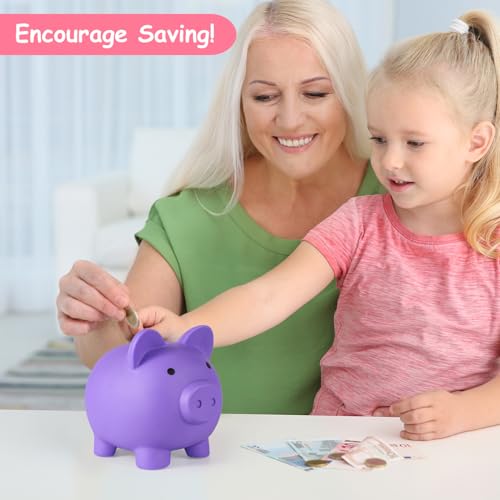 PJDRLLC Purple Plastic Piggy Bank for Kids – Unbreakable Coin Bank, Medium Size, Easy Access, Gift for Ages 4-10