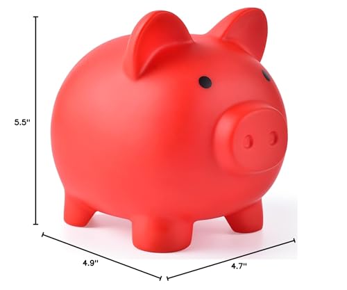 PJDRLLC Unbreakable Plastic Piggy Bank - Medium Coin Bank for Kids, Red