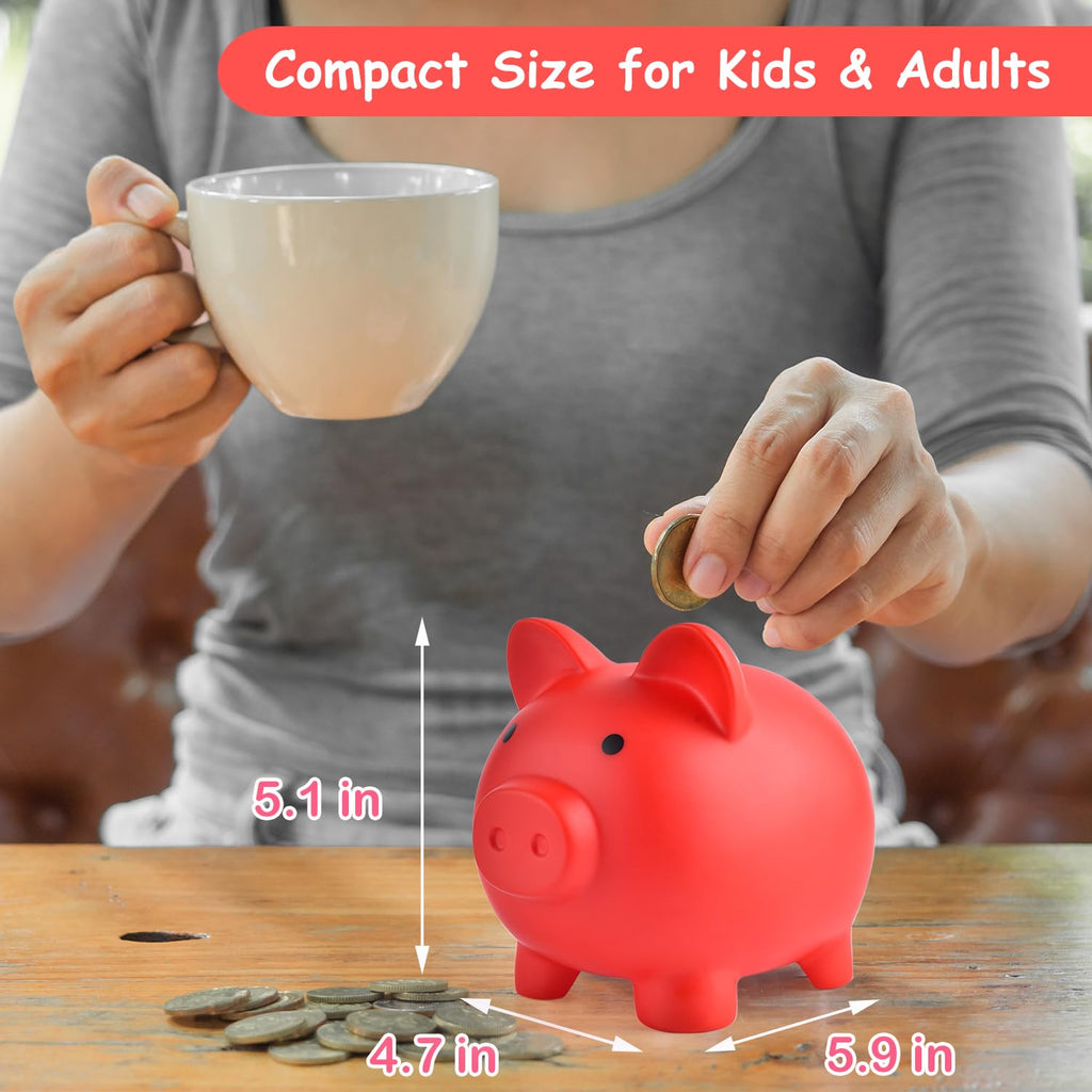 PJDRLLC Unbreakable Plastic Piggy Bank - Medium Coin Bank for Kids, Red