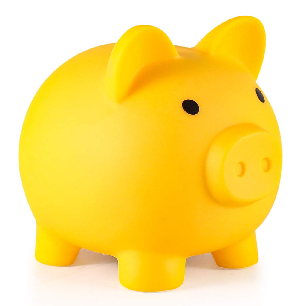 PJDRLLC Yellow Unbreakable Plastic Piggy Bank – Medium Coin Bank for Kids Ages 4-10