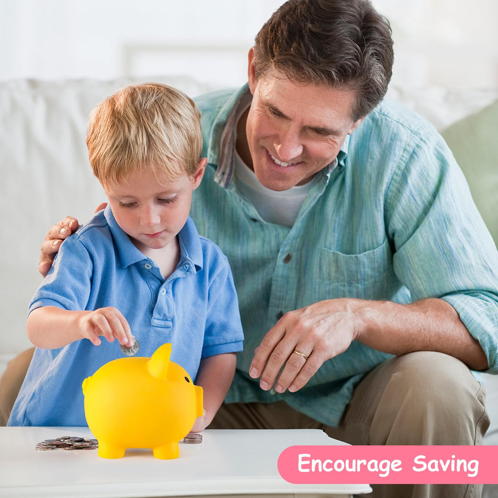 PJDRLLC Yellow Unbreakable Plastic Piggy Bank – Medium Coin Bank for Kids Ages 4-10