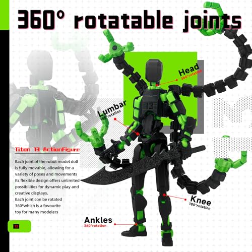 PkghoKids T13 Fully Articulated Action Figure – 5.5" 3D Printed Multi-Jointed Movable Toy with 7 Weapons and 3 Hand Shapes (Black Green)
