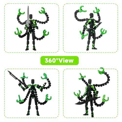 PkghoKids T13 Fully Articulated Action Figure – 5.5" 3D Printed Multi-Jointed Movable Toy with 7 Weapons and 3 Hand Shapes (Black Green)