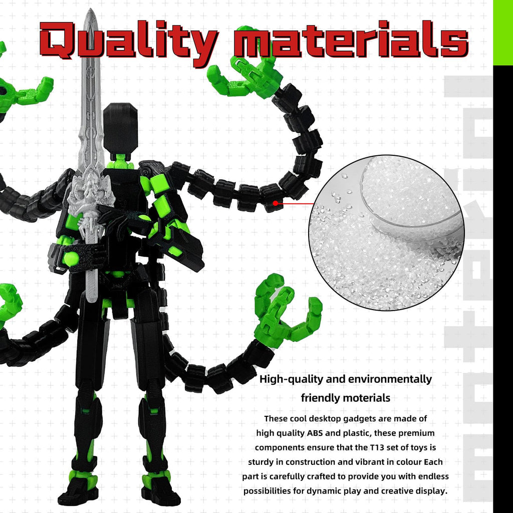PkghoKids T13 Fully Articulated Action Figure – 5.5" 3D Printed Multi-Jointed Movable Toy with 7 Weapons and 3 Hand Shapes (Black Green)