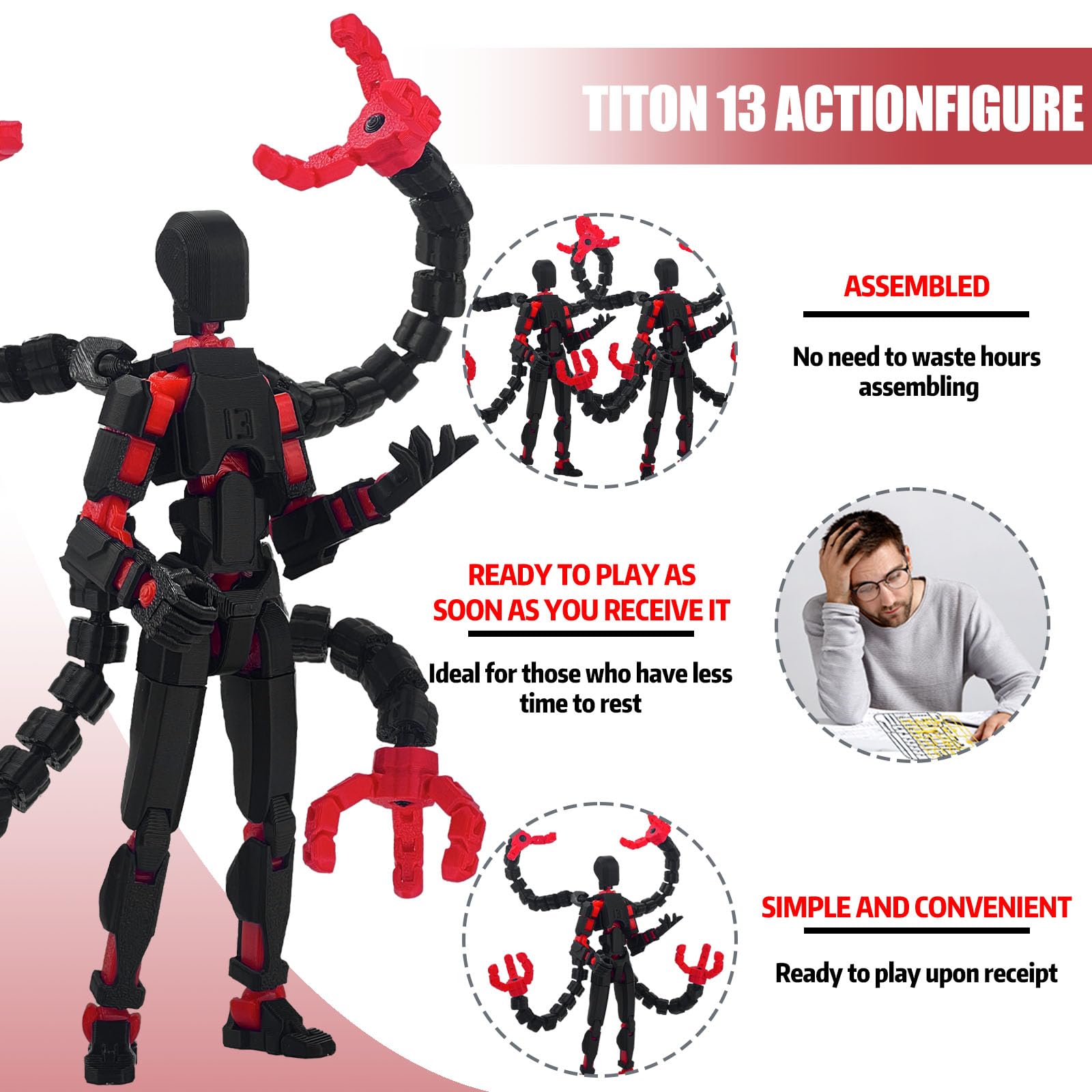 PkghoKids T13 Pre-Assembled Action Figure - 5.5inch Fully Jointed Black Red with 3 Hands and 5 Weapons