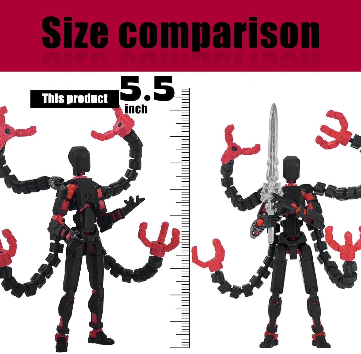 PkghoKids T13 Pre-Assembled Action Figure - 5.5inch Fully Jointed Black Red with 3 Hands and 5 Weapons