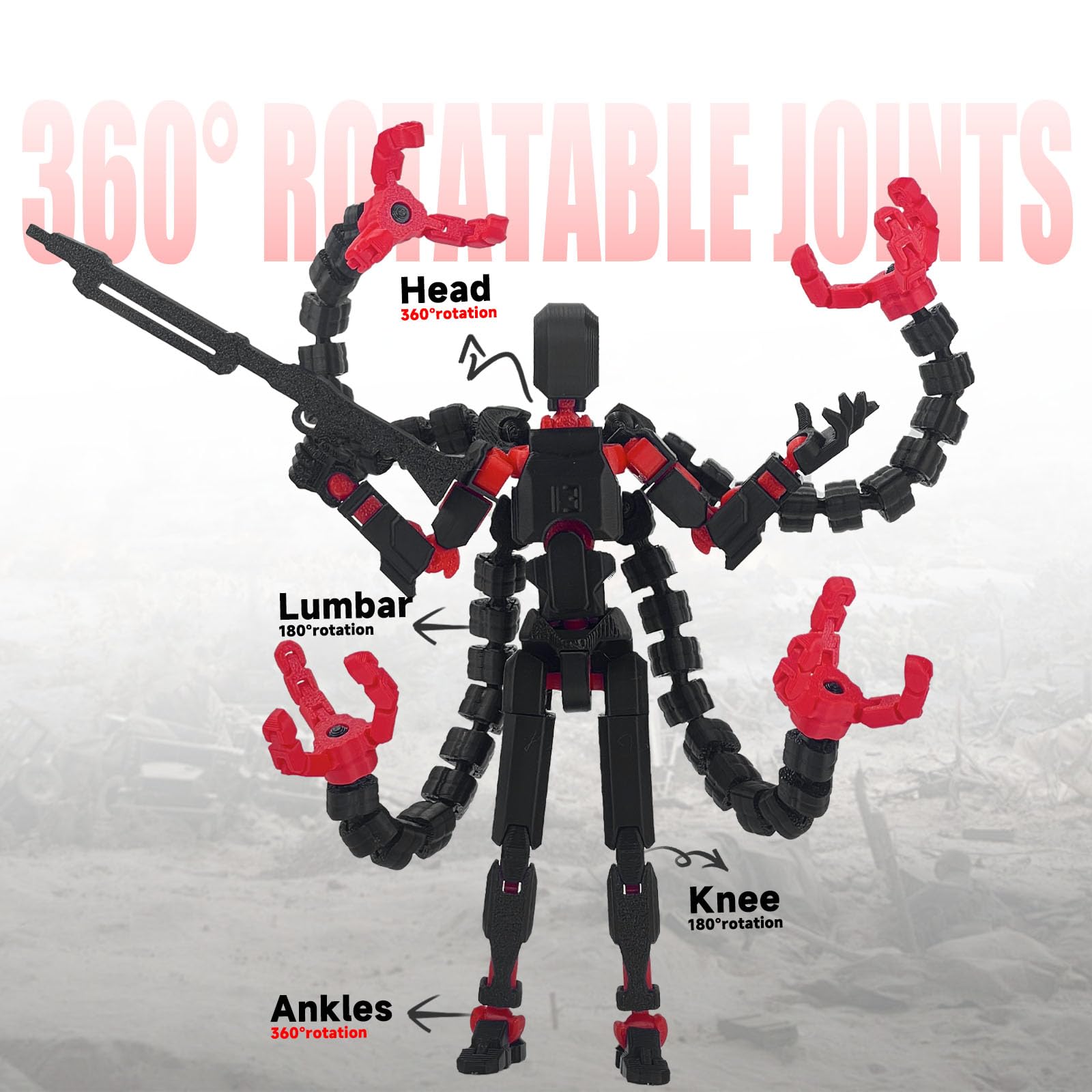 PkghoKids T13 Pre-Assembled Action Figure - 5.5inch Fully Jointed Black Red with 3 Hands and 5 Weapons