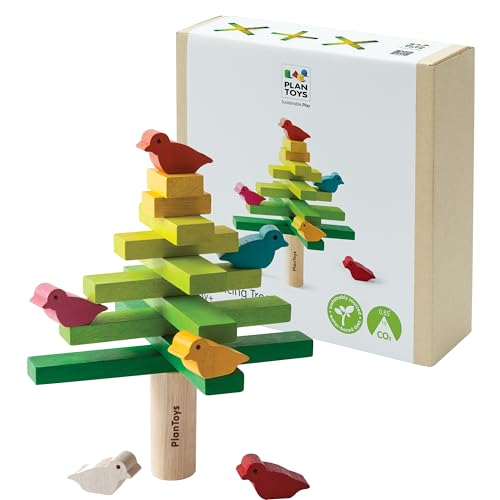 PlanToys Wooden Balancing Tree Game – Montessori Stacking Toy with Birds for Fine Motor Skills