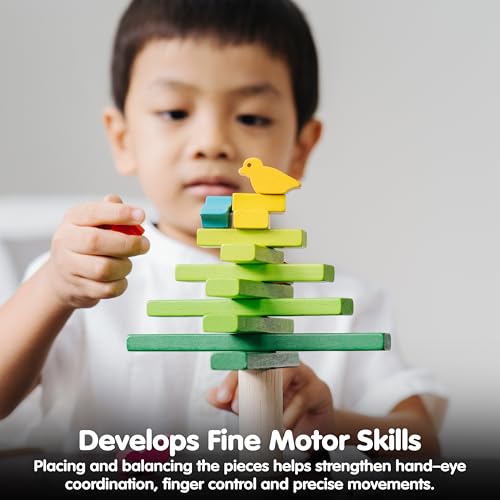 PlanToys Wooden Balancing Tree Game – Montessori Stacking Toy with Birds for Fine Motor Skills