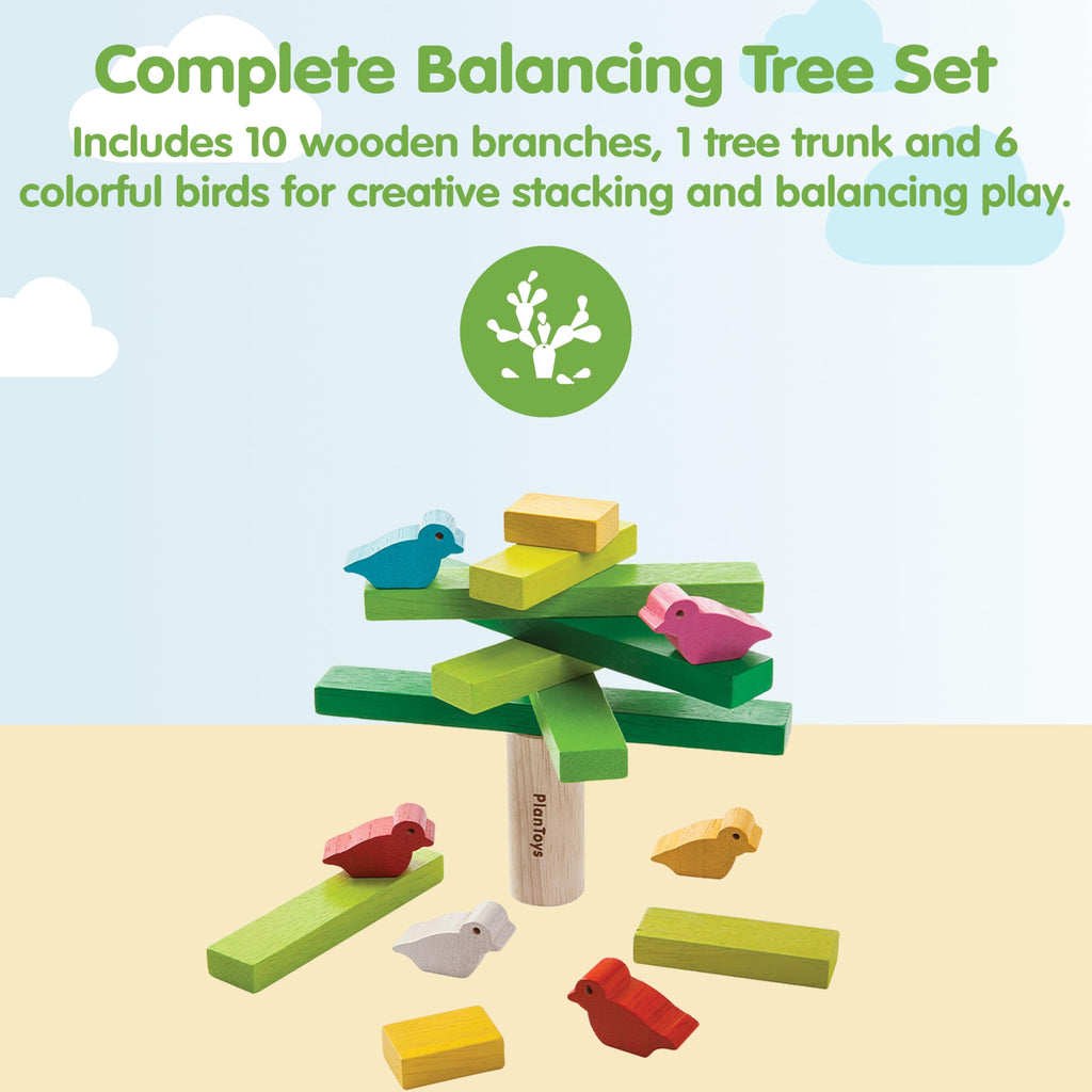 PlanToys Wooden Balancing Tree Game – Montessori Stacking Toy with Birds for Fine Motor Skills