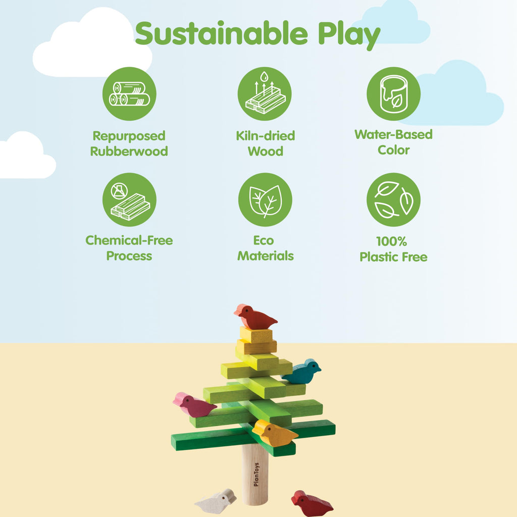 PlanToys Wooden Balancing Tree Game – Montessori Stacking Toy with Birds for Fine Motor Skills